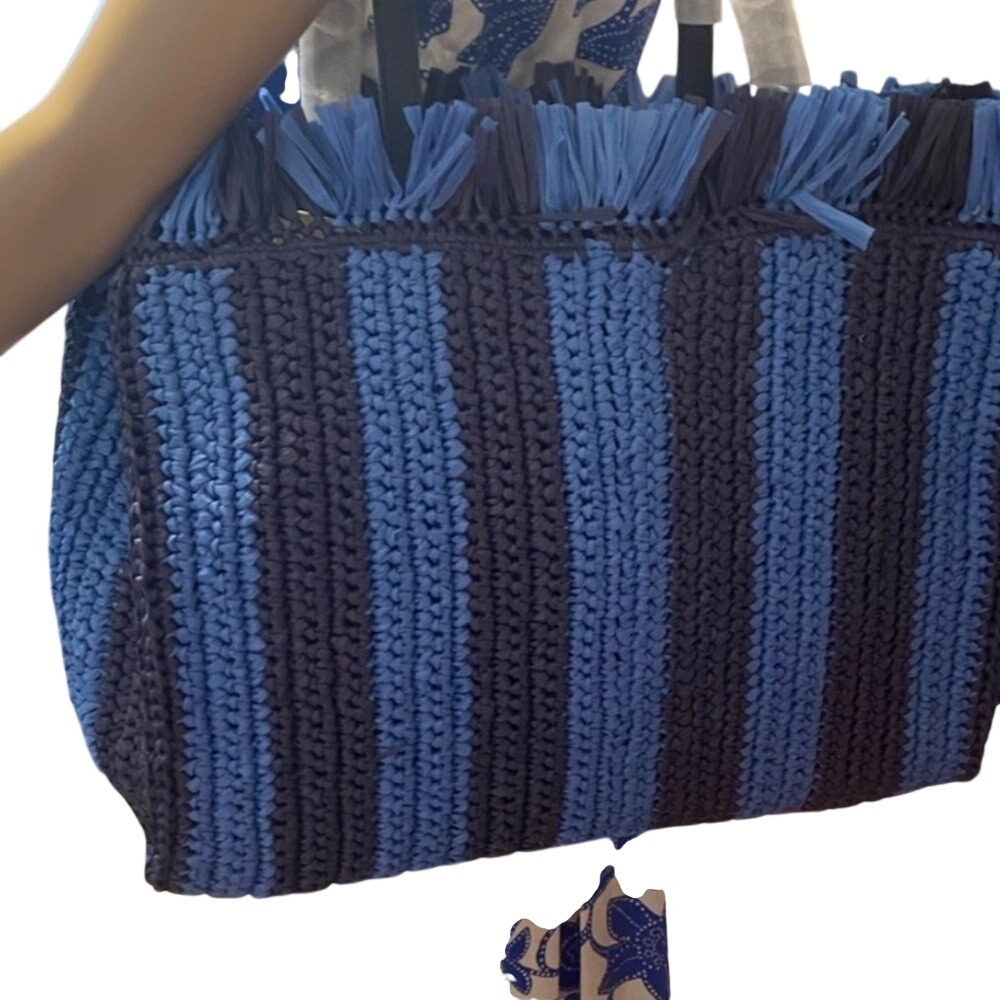 Kate Spade New York Woven Straw Tote Bag Blue Stripe Fringe Beach Summer - Picture 2 of 5